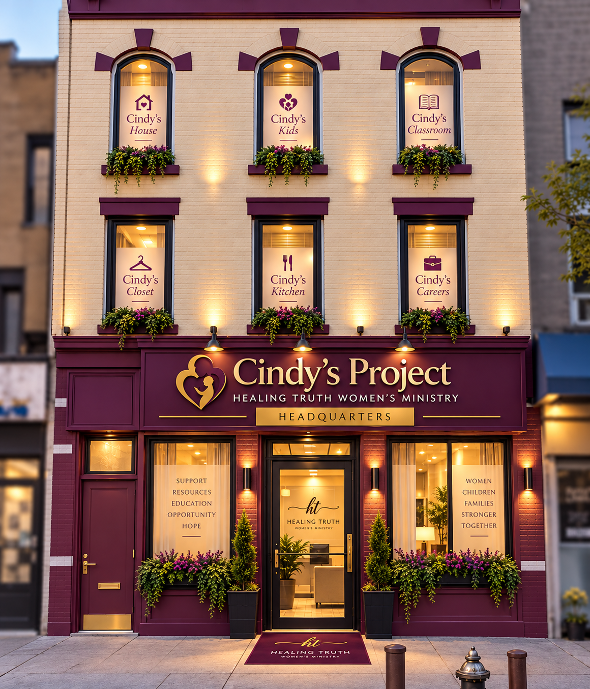 Cindy's Project headquarters rendering — a three-story building with six program windows