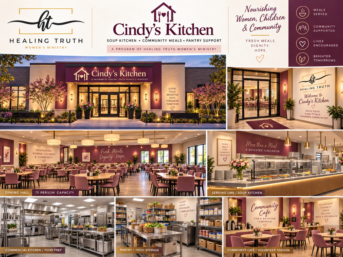 Cindy's Kitchen rendering — a dining hall and serving line